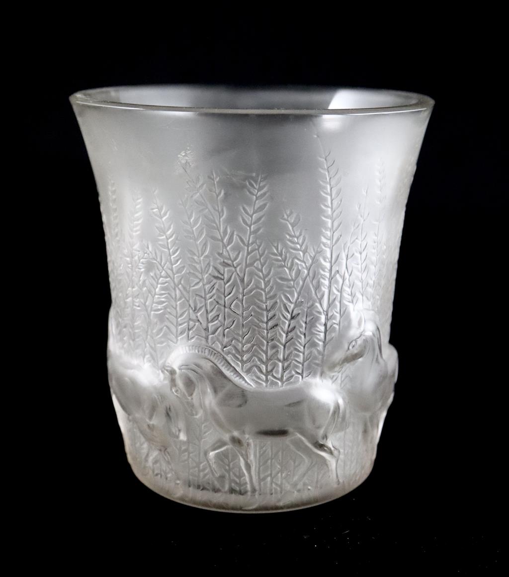 René Lalique. A pre-war frosted glass Chevaux pattern vase, no.1047, designed in 1930, 15.5cm high